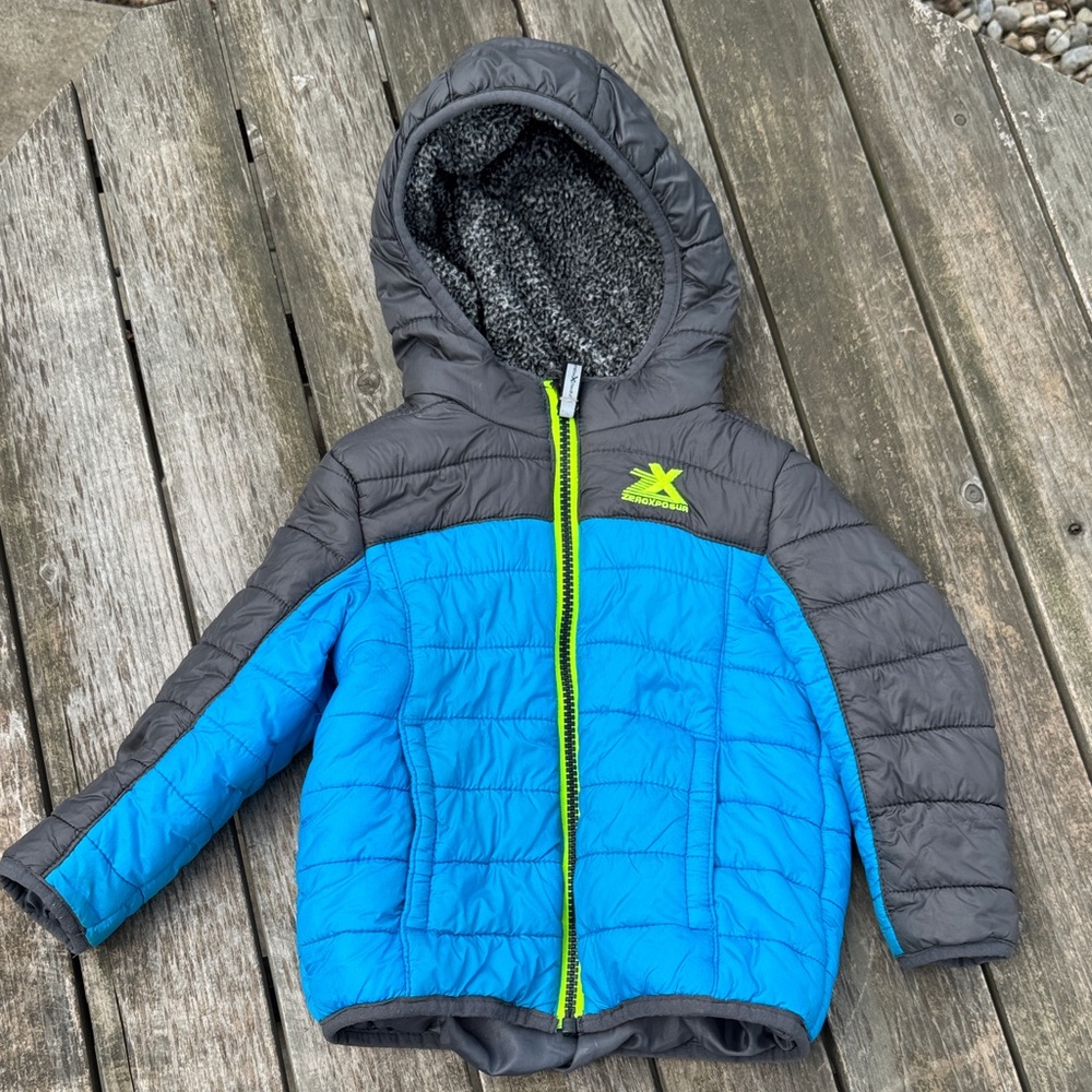 Kids Blue & Gray Hooded Puffer Jacket with Lime Zipper 2T